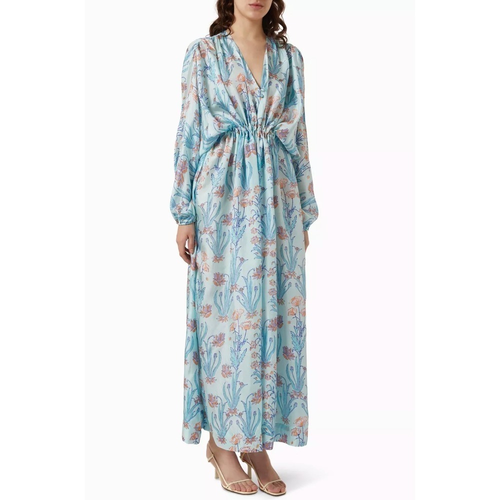 B41 Hannah Artwear Florence Maxi Dress 2 US 8 Blue Floral Silk Long Sleeve Flowy